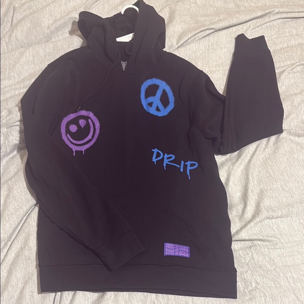 Black Hoodie with Blue and Purple Graphics
